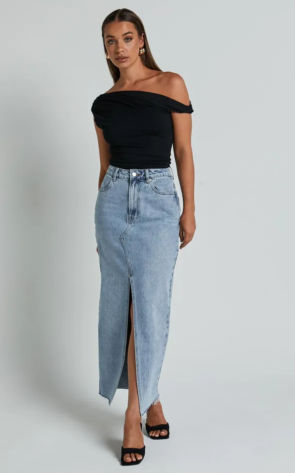 Showpo Jialeen Top 8211 Off Shoulder Twist Asymmetrical Sleeve Top In Black Women Curve Clothes