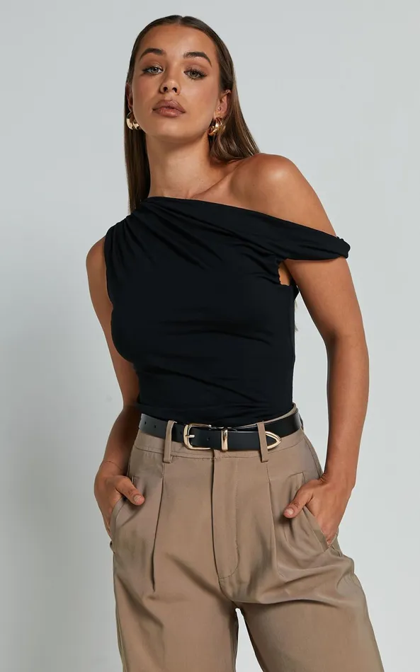 Showpo Jialeen Top 8211 Off Shoulder Twist Asymmetrical Sleeve Top In Black Women Curve Clothes
