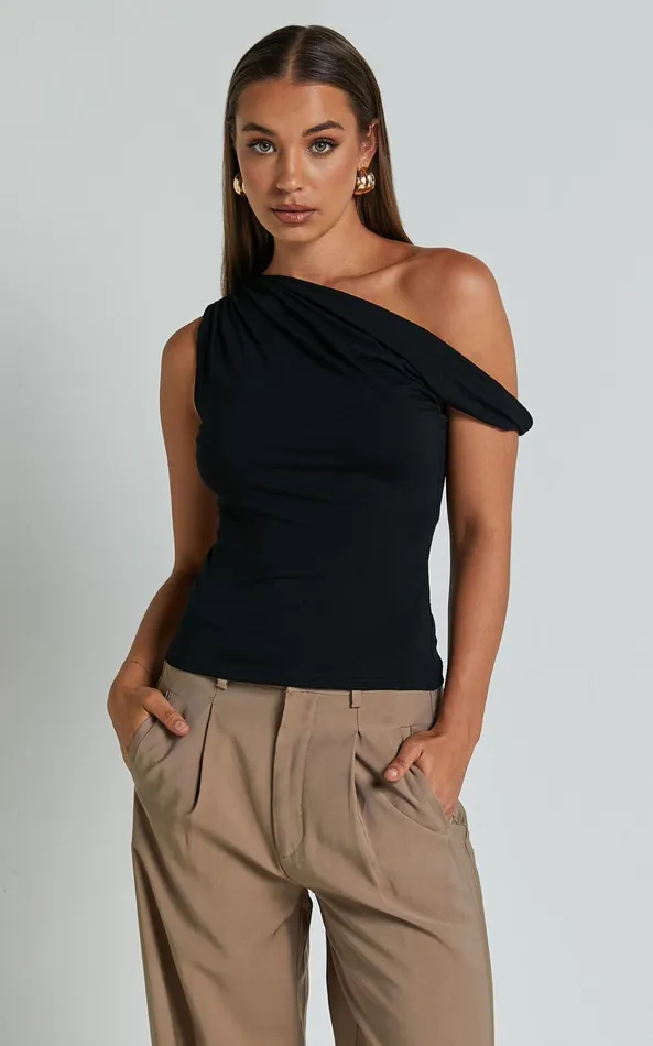 Showpo Jialeen Top 8211 Off Shoulder Twist Asymmetrical Sleeve Top In Black Women Curve Clothes