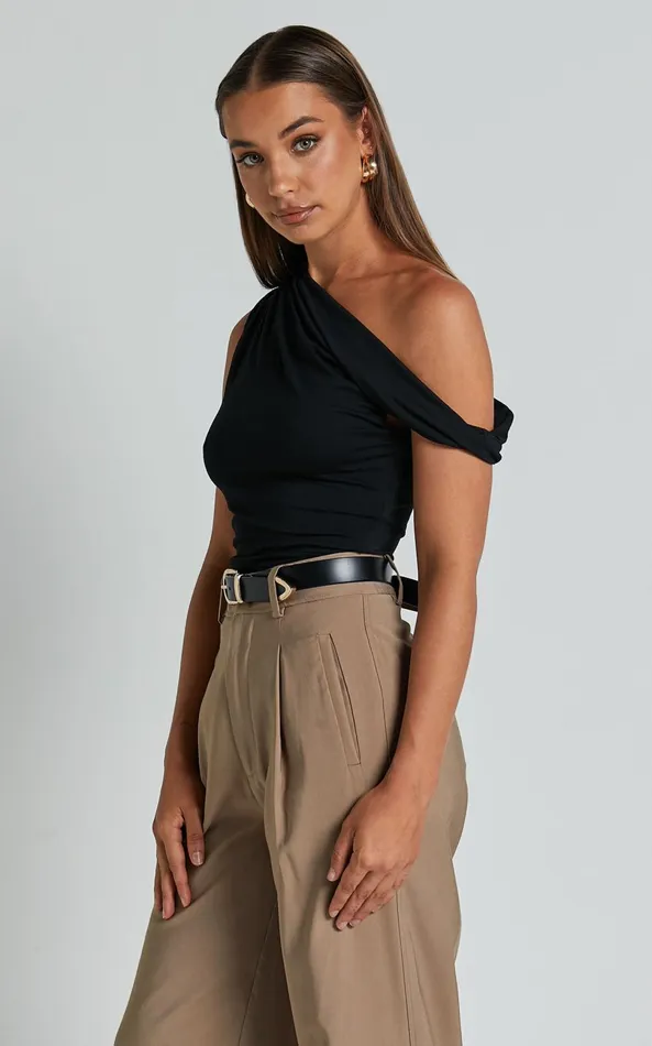 Showpo Jialeen Top 8211 Off Shoulder Twist Asymmetrical Sleeve Top In Black Women Curve Clothes