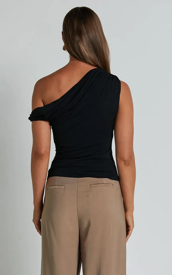 Showpo Jialeen Top 8211 Off Shoulder Twist Asymmetrical Sleeve Top In Black Women Curve Clothes