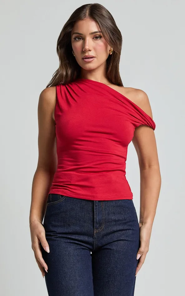 Showpo Jialeen Top 8211 Off Shoulder Twist Asymmetrical Sleeve Top In Red Women Tops Showpo Jialeen Top 8211 Off Shoulder Twist Asymmetrical Sleeve Top In Red Women Tops
