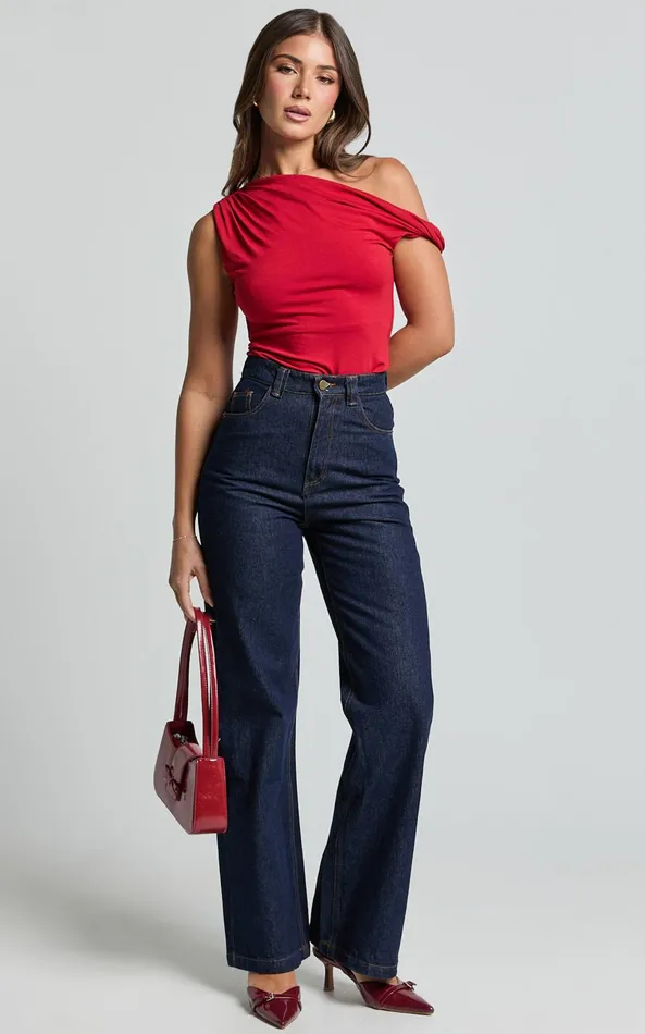 Showpo Jialeen Top 8211 Off Shoulder Twist Asymmetrical Sleeve Top In Red Women Tops