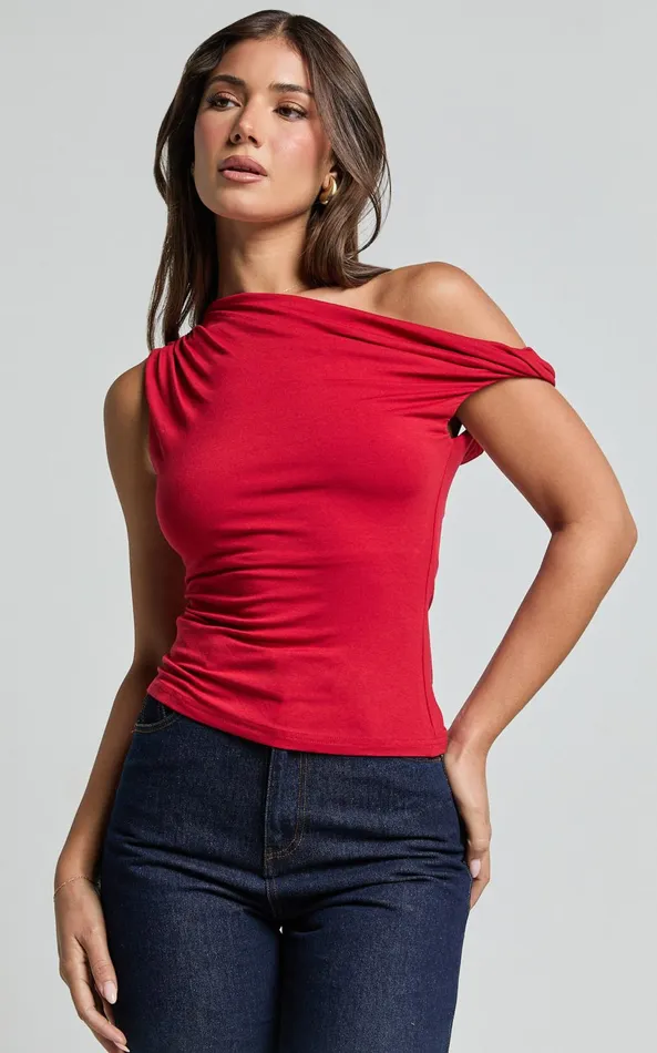 Showpo Jialeen Top 8211 Off Shoulder Twist Asymmetrical Sleeve Top In Red Women Tops