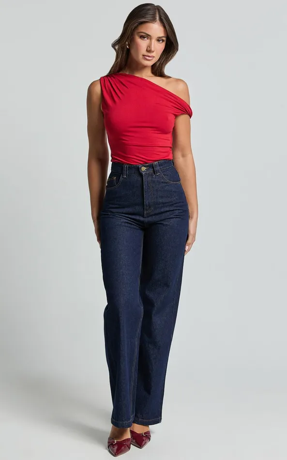 Showpo Jialeen Top 8211 Off Shoulder Twist Asymmetrical Sleeve Top In Red Women Tops