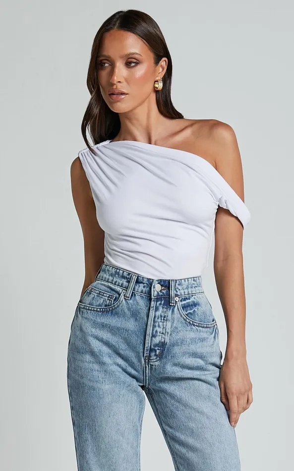 Showpo Jialeen Top 8211 Off Shoulder Twist Asymmetrical Sleeve Top In White Women Tops