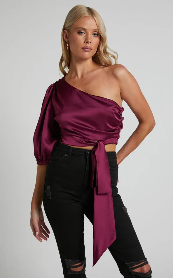 Showpo Jihyo Top 8211 Tie Waist One Shoulder Puff Sleeve Top In Burgundy Women Tops Showpo Jihyo Top 8211 Tie Waist One Shoulder Puff Sleeve Top In Burgundy Women Tops