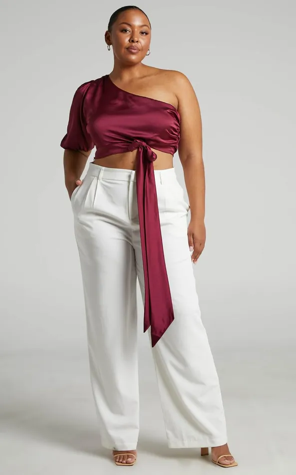 Showpo Jihyo Top 8211 Tie Waist One Shoulder Puff Sleeve Top In Burgundy Women Tops