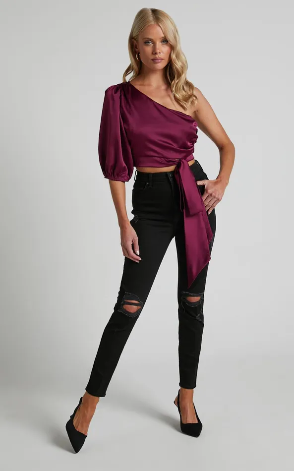 Showpo Jihyo Top 8211 Tie Waist One Shoulder Puff Sleeve Top In Burgundy Women Tops