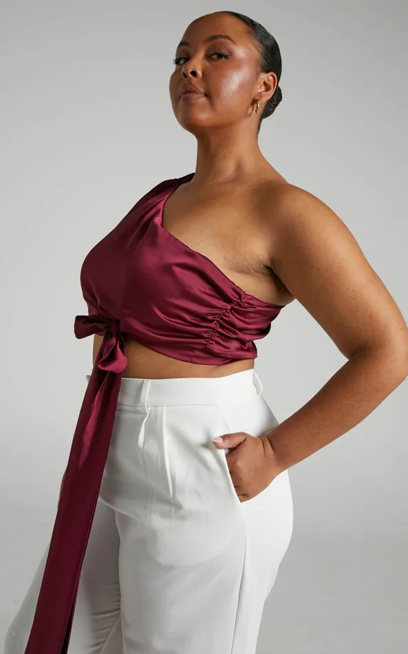 Showpo Jihyo Top 8211 Tie Waist One Shoulder Puff Sleeve Top In Burgundy Women Tops