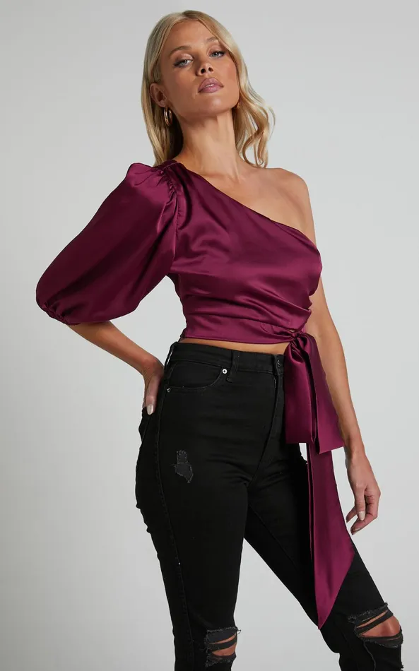 Showpo Jihyo Top 8211 Tie Waist One Shoulder Puff Sleeve Top In Burgundy Women Tops