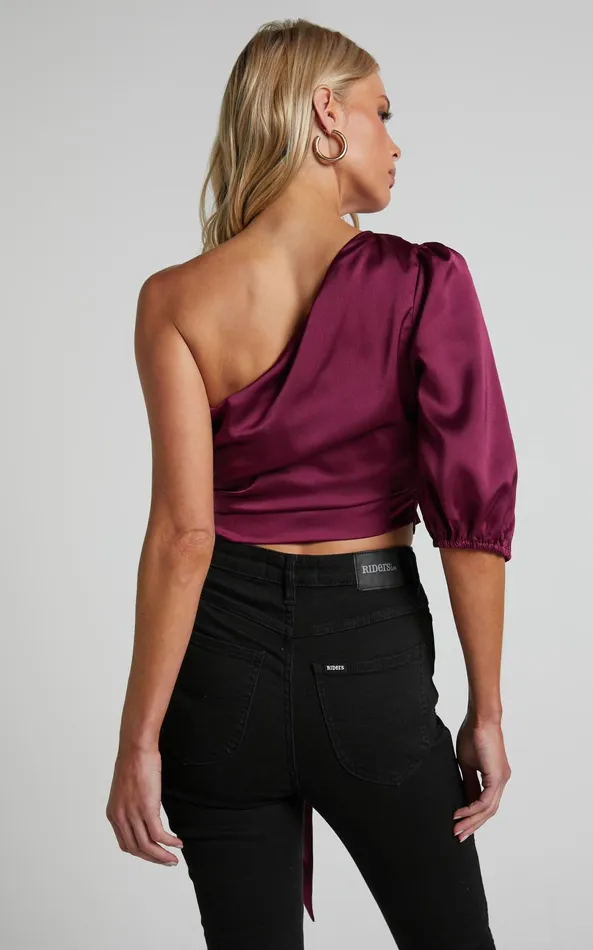 Showpo Jihyo Top 8211 Tie Waist One Shoulder Puff Sleeve Top In Burgundy Women Tops
