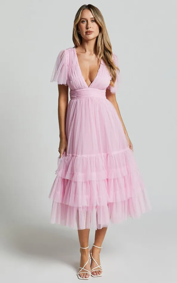 Showpo Jiraye Midi Dress 8211 Flutter Sleeve Tuelle Plunge Dress In Ballet Pink Women Curve Clothes Showpo Jiraye Midi Dress 8211 Flutter Sleeve Tuelle Plunge Dress In Ballet Pink Women Curve Clothes