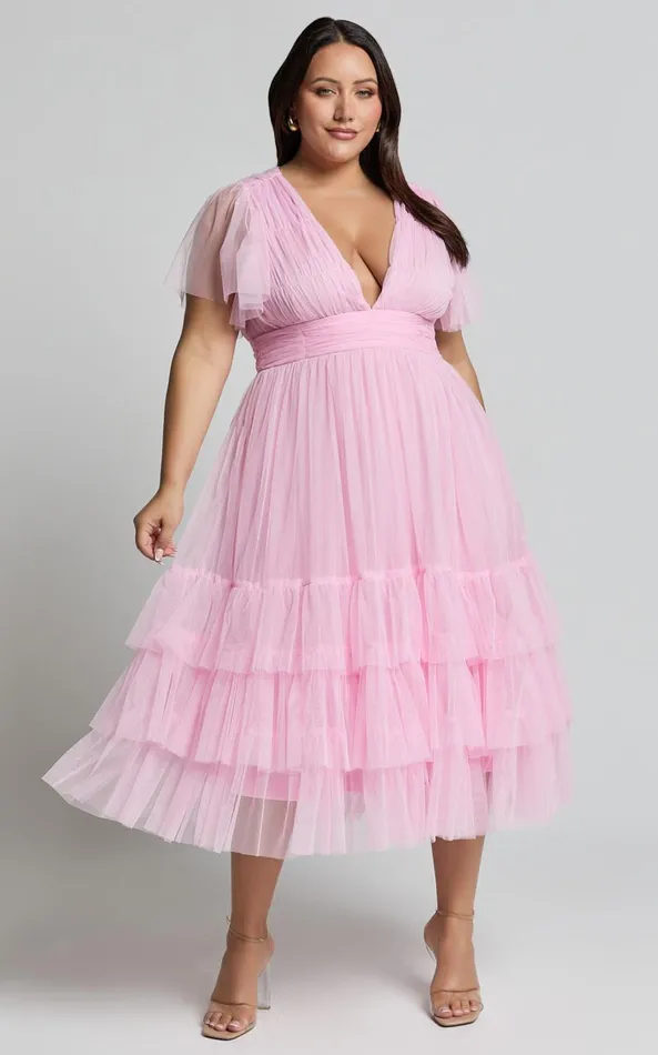 Showpo Jiraye Midi Dress 8211 Flutter Sleeve Tuelle Plunge Dress In Ballet Pink Women Curve Clothes