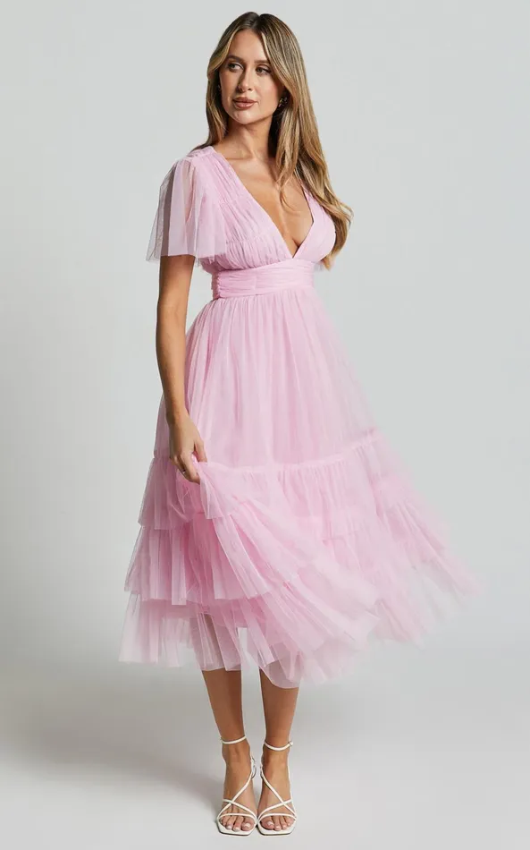 Showpo Jiraye Midi Dress 8211 Flutter Sleeve Tuelle Plunge Dress In Ballet Pink Women Curve Clothes