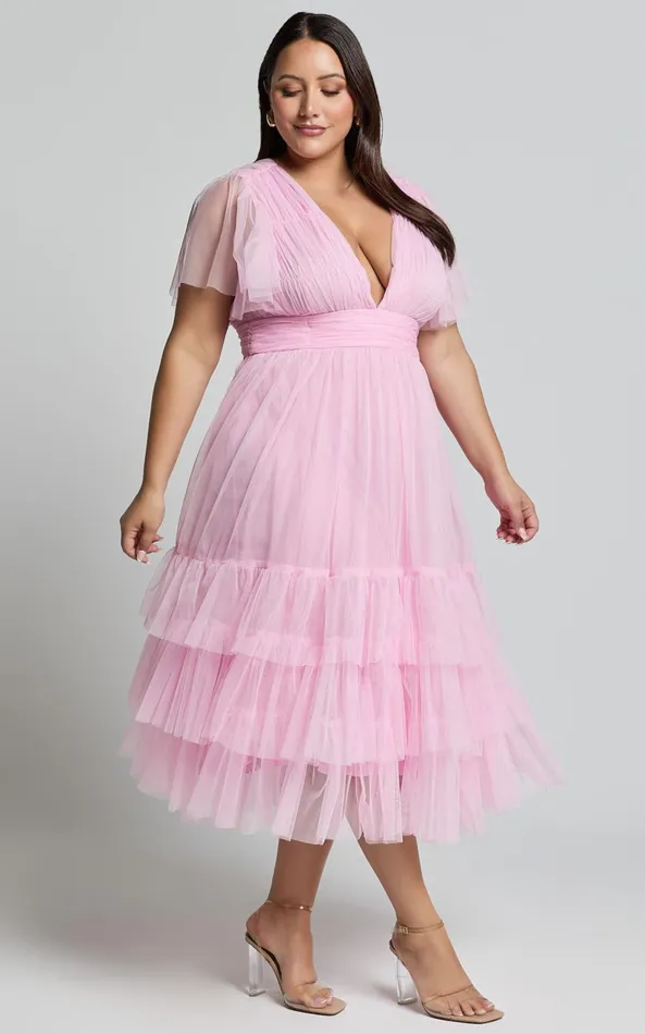 Showpo Jiraye Midi Dress 8211 Flutter Sleeve Tuelle Plunge Dress In Ballet Pink Women Curve Clothes