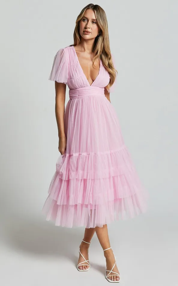 Showpo Jiraye Midi Dress 8211 Flutter Sleeve Tuelle Plunge Dress In Ballet Pink Women Curve Clothes