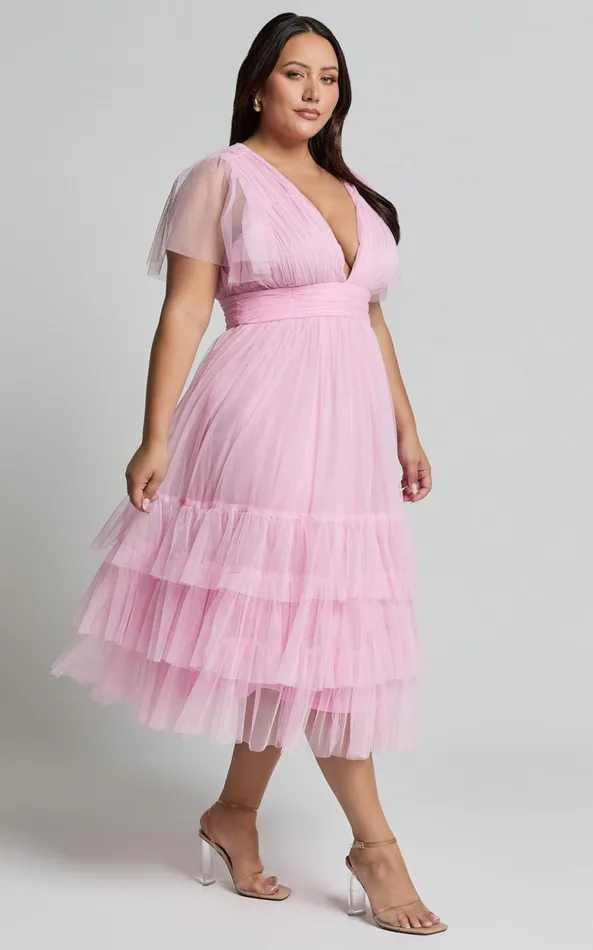 Showpo Jiraye Midi Dress 8211 Flutter Sleeve Tuelle Plunge Dress In Ballet Pink Women Curve Clothes