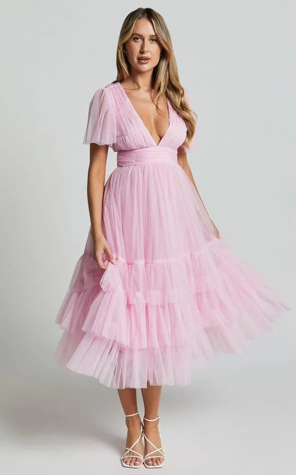 Showpo Jiraye Midi Dress 8211 Flutter Sleeve Tuelle Plunge Dress In Ballet Pink Women Curve Clothes