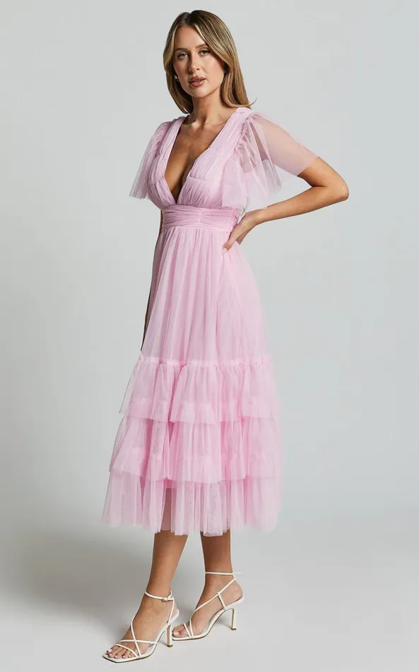 Showpo Jiraye Midi Dress 8211 Flutter Sleeve Tuelle Plunge Dress In Ballet Pink Women Curve Clothes