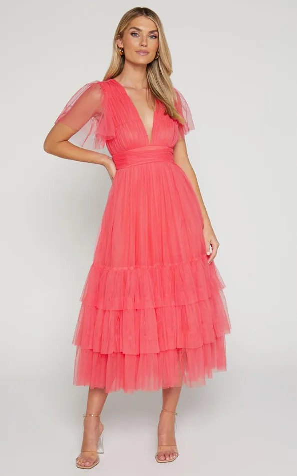 Showpo Jiraye Midi Dress 8211 Flutter Sleeve Tuelle Plunge Dress In Coral Women Curve Clothes Showpo Jiraye Midi Dress 8211 Flutter Sleeve Tuelle Plunge Dress In Coral Women Curve Clothes