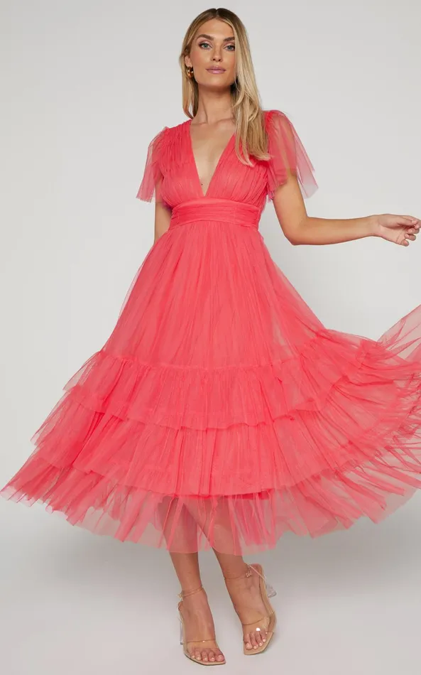 Showpo Jiraye Midi Dress 8211 Flutter Sleeve Tuelle Plunge Dress In Coral Women Curve Clothes