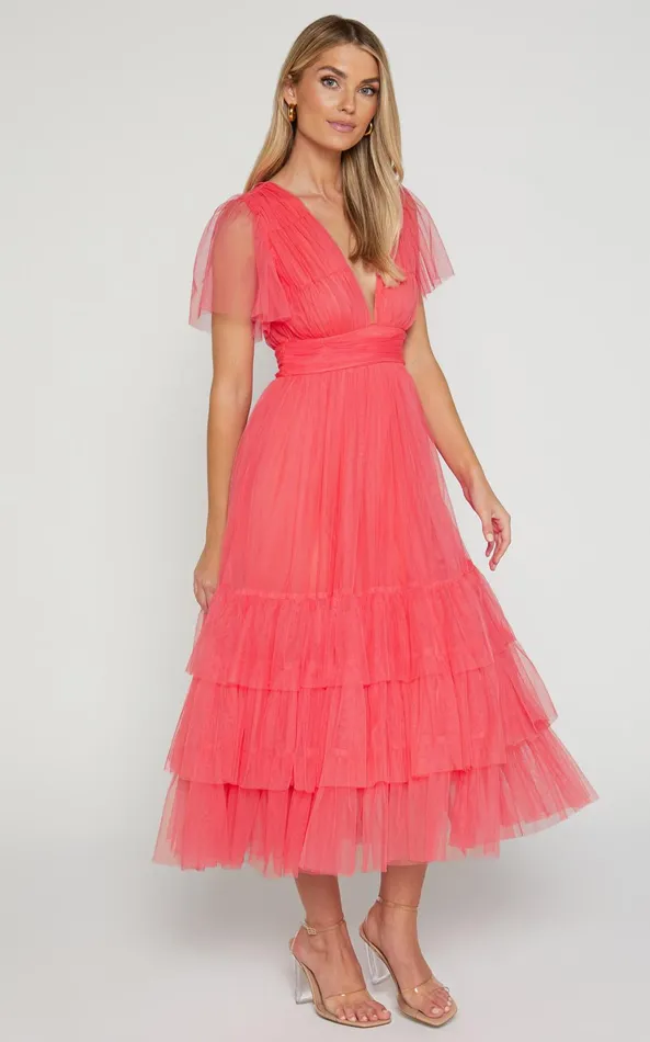 Showpo Jiraye Midi Dress 8211 Flutter Sleeve Tuelle Plunge Dress In Coral Women Curve Clothes