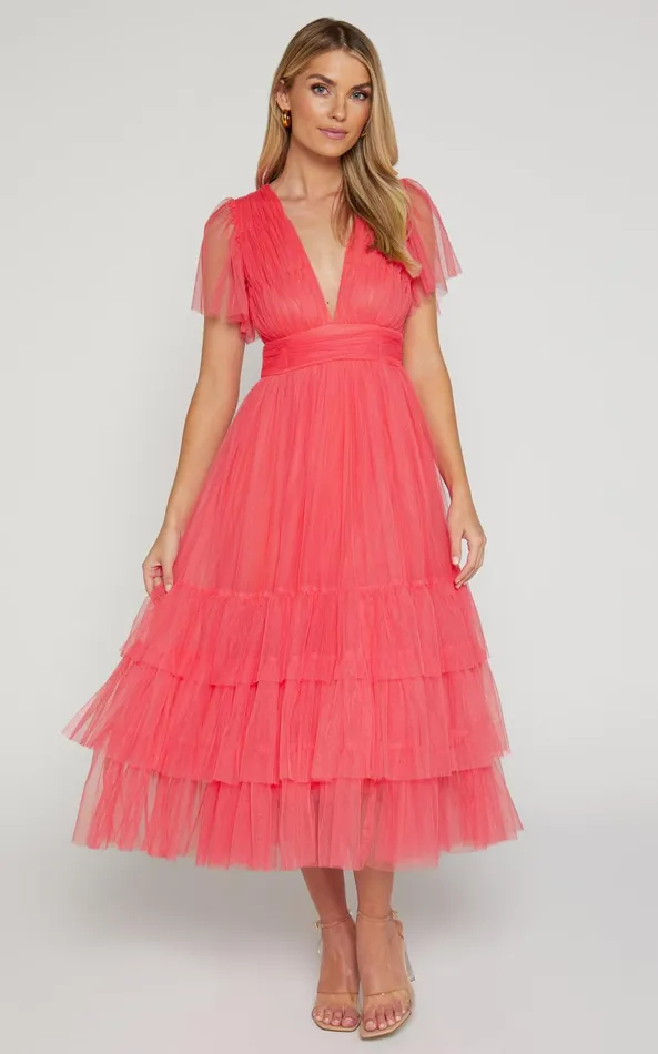 Showpo Jiraye Midi Dress 8211 Flutter Sleeve Tuelle Plunge Dress In Coral Women Curve Clothes