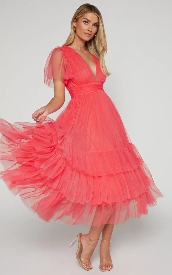 Showpo Jiraye Midi Dress 8211 Flutter Sleeve Tuelle Plunge Dress In Coral Women Curve Clothes