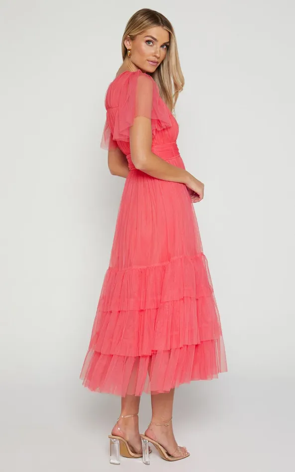 Showpo Jiraye Midi Dress 8211 Flutter Sleeve Tuelle Plunge Dress In Coral Women Curve Clothes