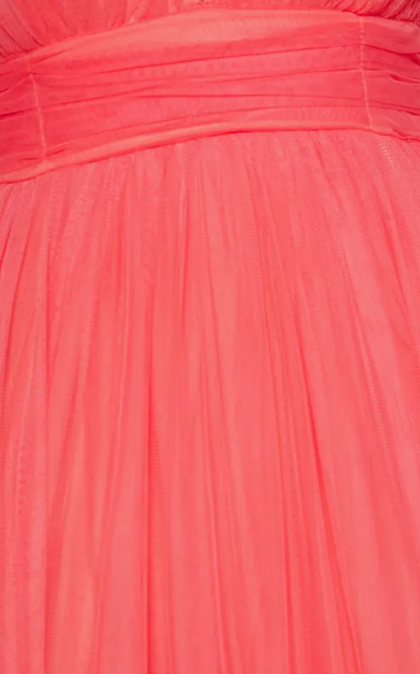 Showpo Jiraye Midi Dress 8211 Flutter Sleeve Tuelle Plunge Dress In Coral Women Curve Clothes