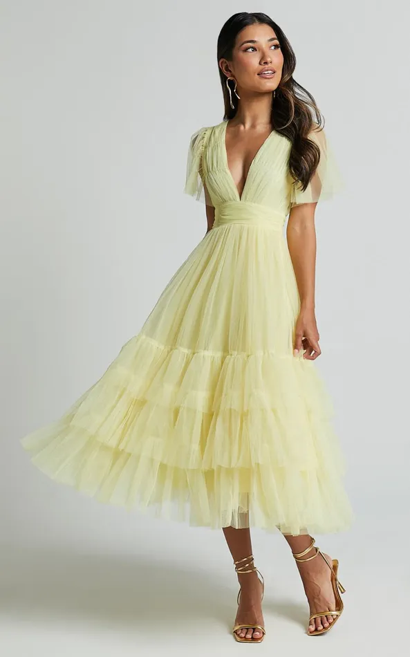 Showpo Jiraye Midi Dress 8211 Flutter Sleeve Tuelle Plunge Dress In Lemon Women Dresses Showpo Jiraye Midi Dress 8211 Flutter Sleeve Tuelle Plunge Dress In Lemon Women Dresses