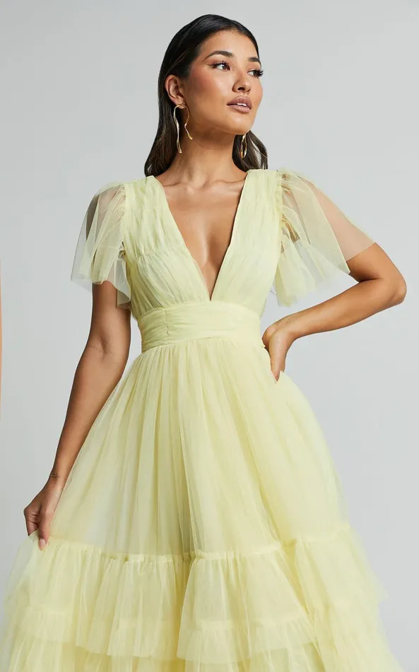 Showpo Jiraye Midi Dress 8211 Flutter Sleeve Tuelle Plunge Dress In Lemon Women Dresses