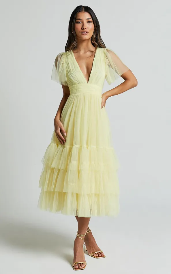 Showpo Jiraye Midi Dress 8211 Flutter Sleeve Tuelle Plunge Dress In Lemon Women Dresses
