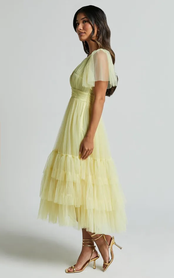 Showpo Jiraye Midi Dress 8211 Flutter Sleeve Tuelle Plunge Dress In Lemon Women Dresses