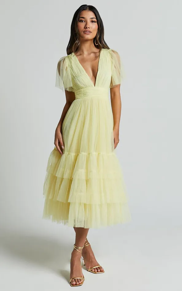 Showpo Jiraye Midi Dress 8211 Flutter Sleeve Tuelle Plunge Dress In Lemon Women Dresses