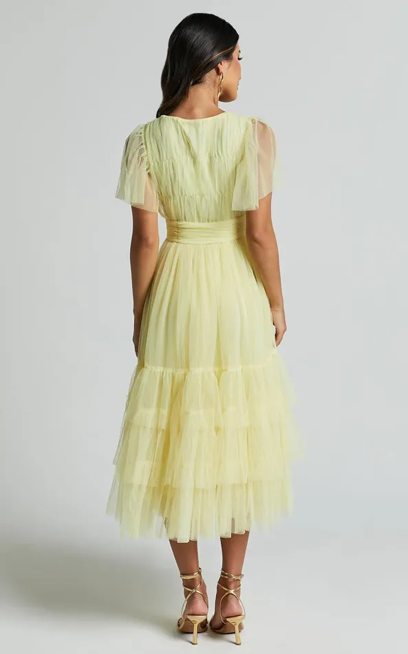 Showpo Jiraye Midi Dress 8211 Flutter Sleeve Tuelle Plunge Dress In Lemon Women Dresses