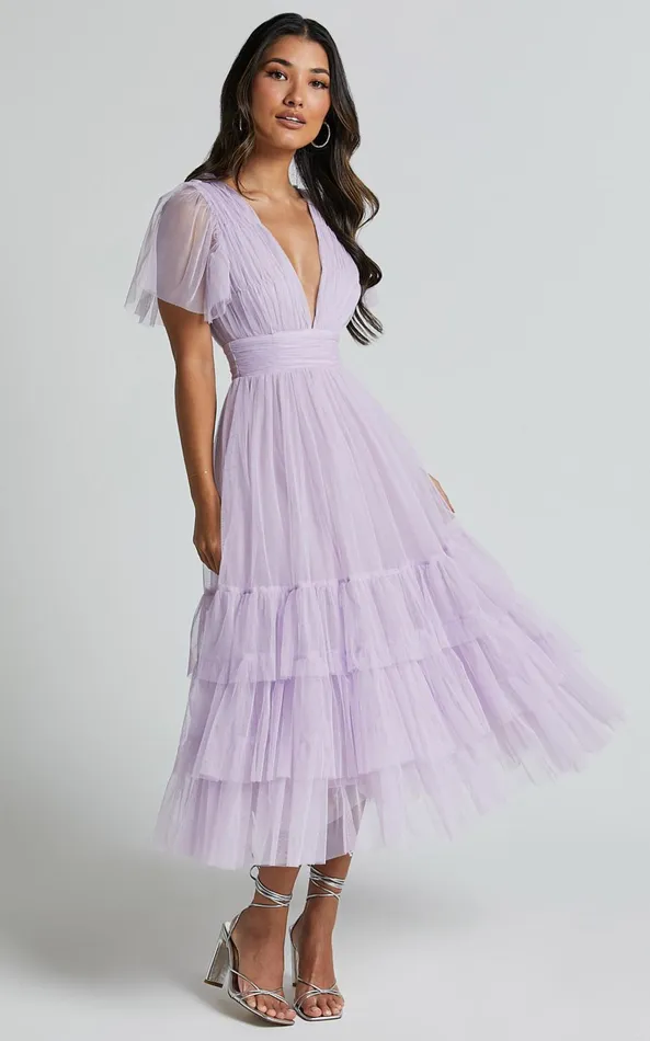 Showpo Jiraye Midi Dress 8211 Flutter Sleeve Tuelle Plunge Dress In Lilac Women Curve Clothes Showpo Jiraye Midi Dress 8211 Flutter Sleeve Tuelle Plunge Dress In Lilac Women Curve Clothes
