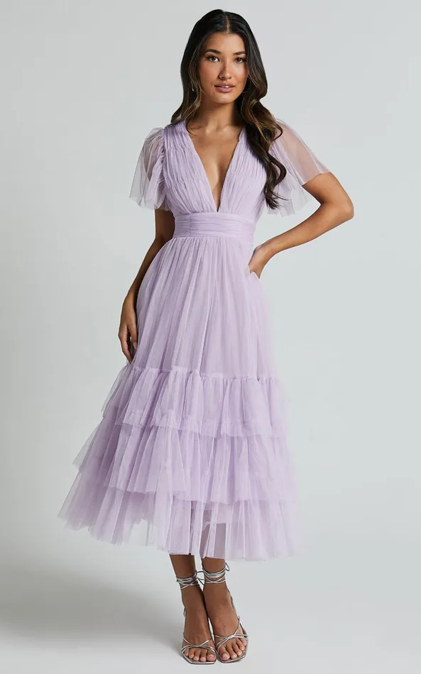 Showpo Jiraye Midi Dress 8211 Flutter Sleeve Tuelle Plunge Dress In Lilac Women Curve Clothes