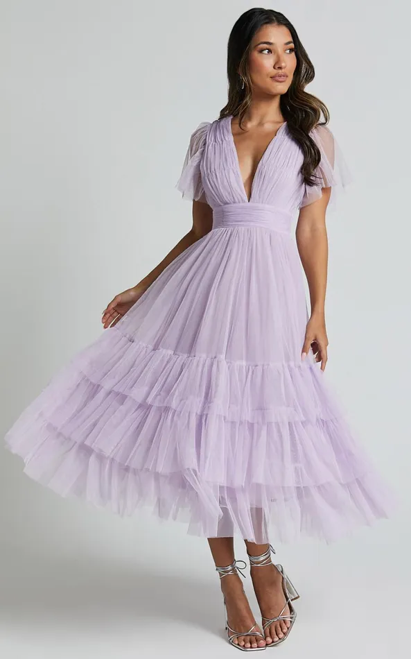 Showpo Jiraye Midi Dress 8211 Flutter Sleeve Tuelle Plunge Dress In Lilac Women Curve Clothes