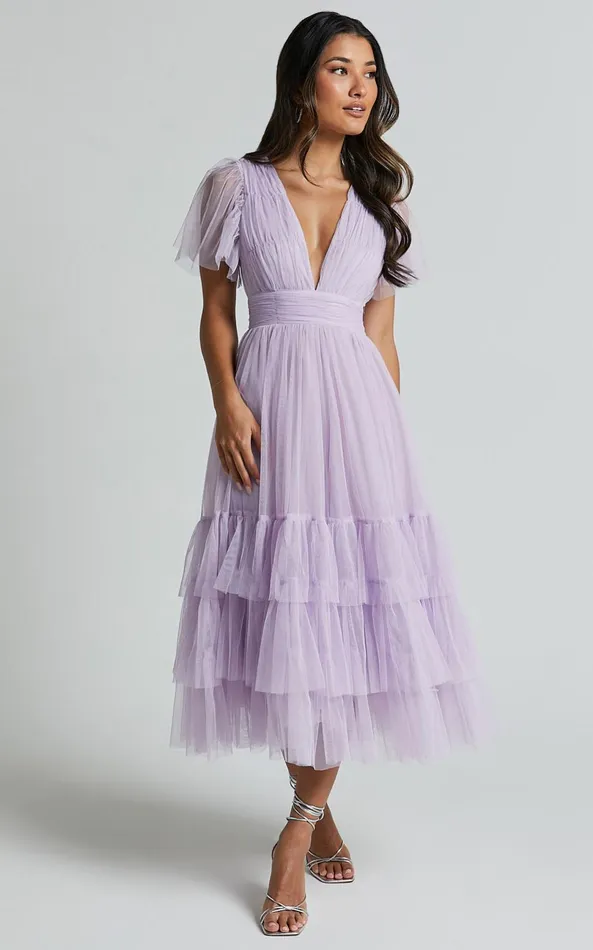 Showpo Jiraye Midi Dress 8211 Flutter Sleeve Tuelle Plunge Dress In Lilac Women Curve Clothes