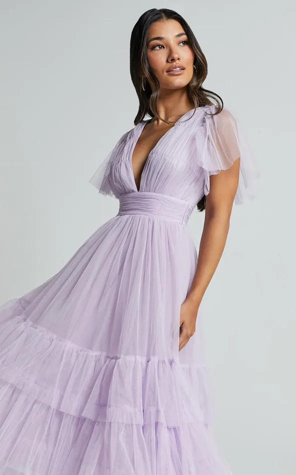 Showpo Jiraye Midi Dress 8211 Flutter Sleeve Tuelle Plunge Dress In Lilac Women Curve Clothes