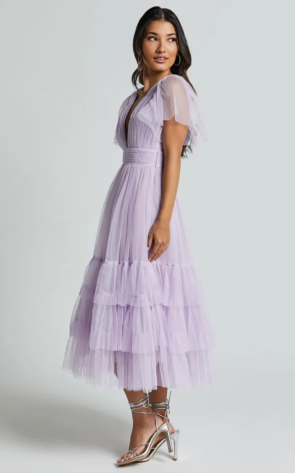 Showpo Jiraye Midi Dress 8211 Flutter Sleeve Tuelle Plunge Dress In Lilac Women Curve Clothes