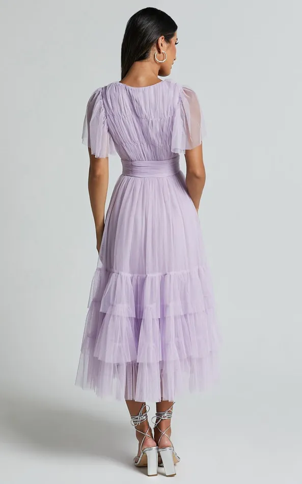 Showpo Jiraye Midi Dress 8211 Flutter Sleeve Tuelle Plunge Dress In Lilac Women Curve Clothes