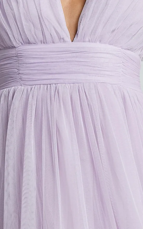 Showpo Jiraye Midi Dress 8211 Flutter Sleeve Tuelle Plunge Dress In Lilac Women Curve Clothes