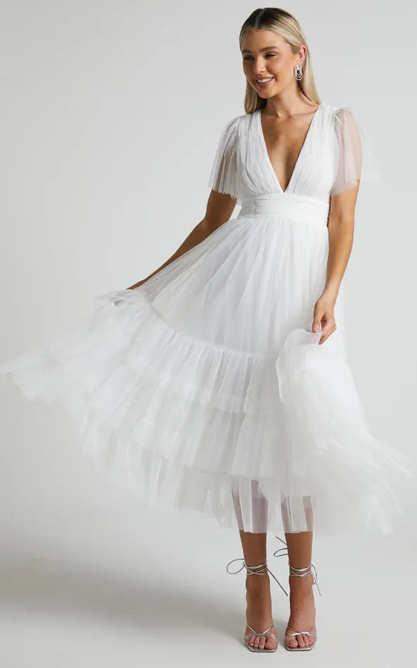 Showpo Jiraye Midi Dress 8211 Flutter Sleeve Tuelle Plunge Dress In White Women Curve Clothes