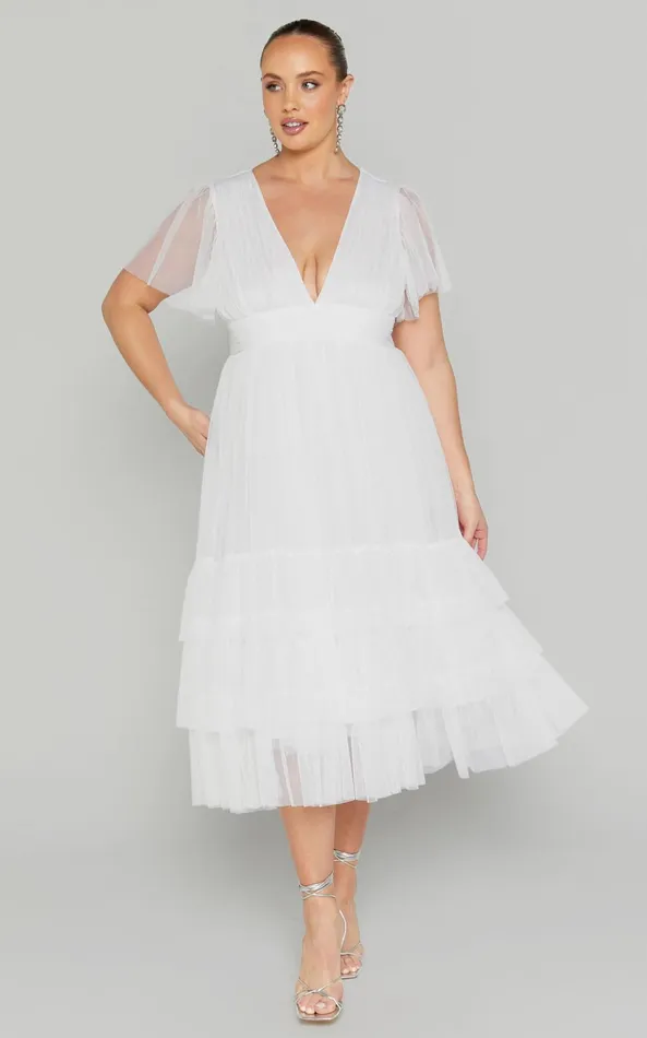 Showpo Jiraye Midi Dress 8211 Flutter Sleeve Tuelle Plunge Dress In White Women Curve Clothes