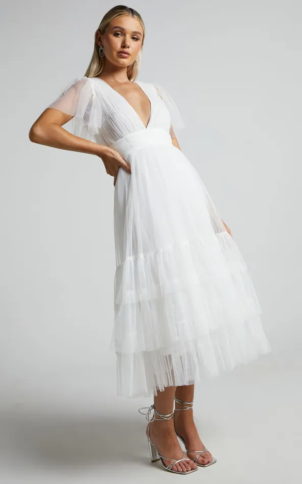 Showpo Jiraye Midi Dress 8211 Flutter Sleeve Tuelle Plunge Dress In White Women Curve Clothes