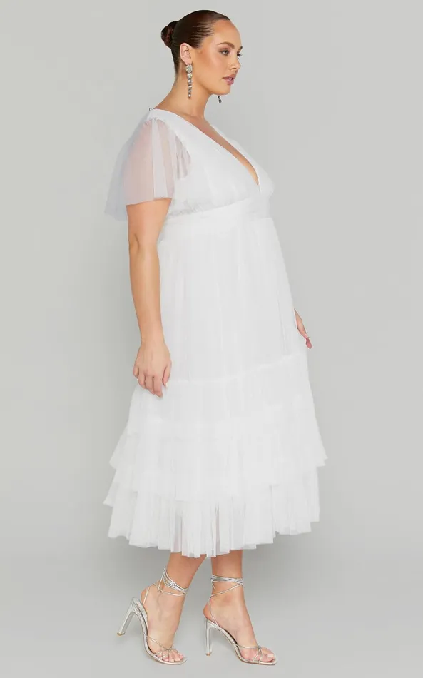 Showpo Jiraye Midi Dress 8211 Flutter Sleeve Tuelle Plunge Dress In White Women Curve Clothes