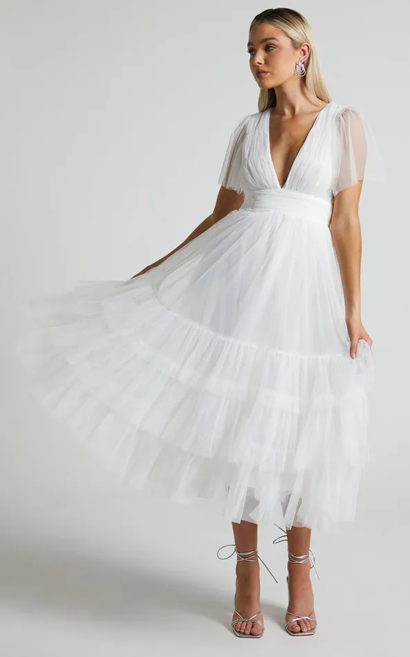 Showpo Jiraye Midi Dress 8211 Flutter Sleeve Tuelle Plunge Dress In White Women Curve Clothes